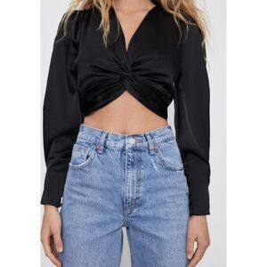 Zara Women's Long Sleeve Black Satin Twist Front Top Size S